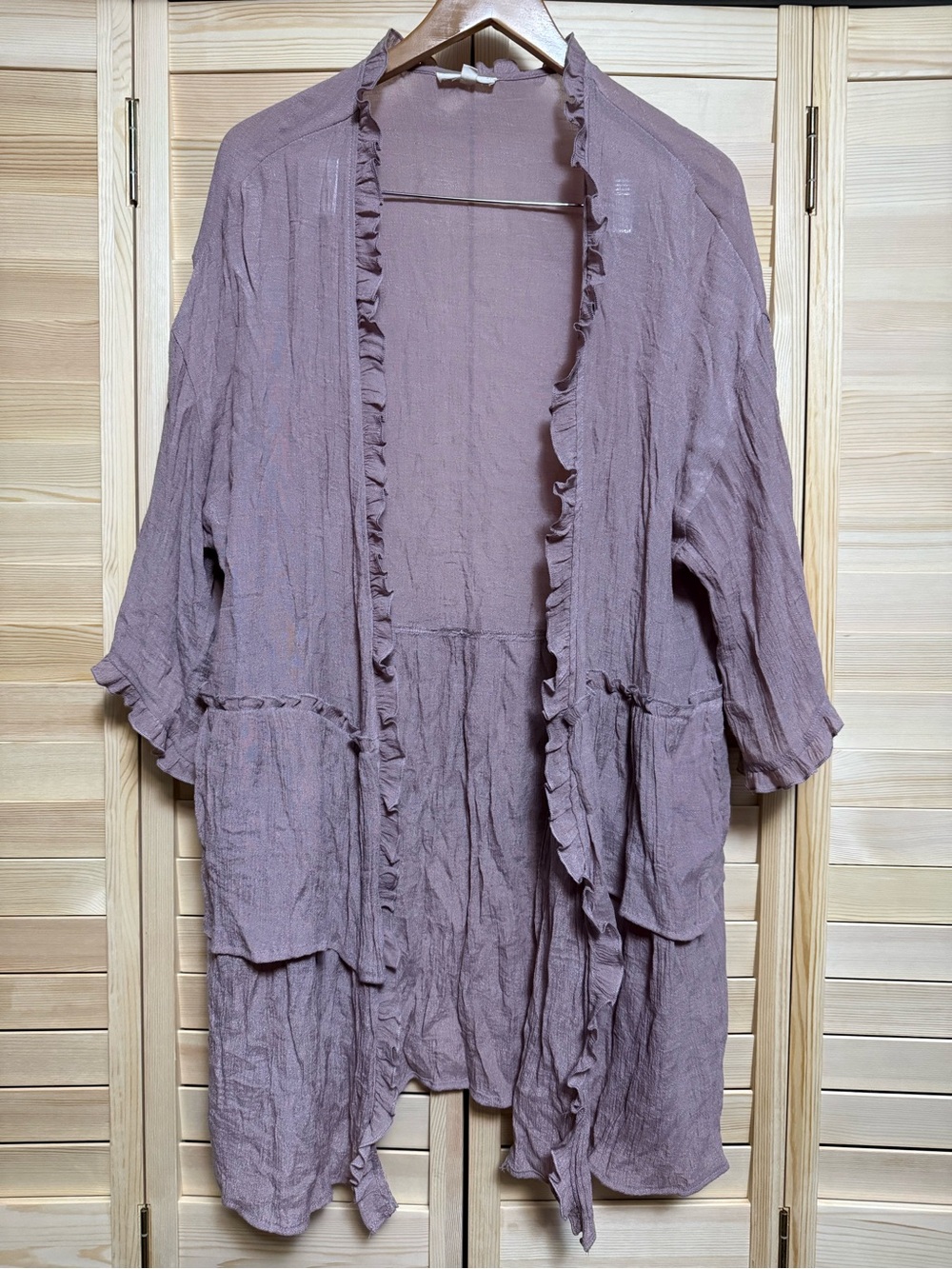 Ruffled Open-Front Cardigan in Mauve